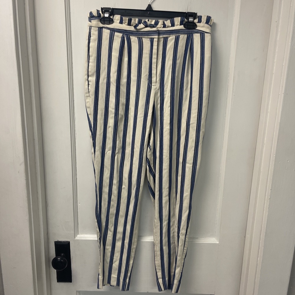 Express Women's High Rise tapered Leg Pants White with Blue Stripes 8R Ankle